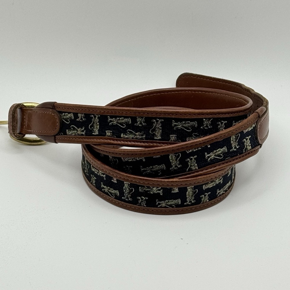 Brooks Brothers Golf Print Leather Canvas Belt Solid Brass Buckle‎ Brown 42